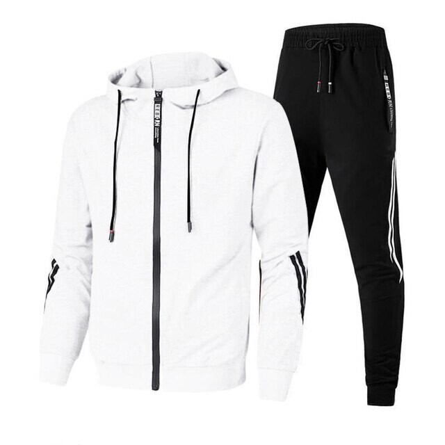 Men Hoodied Striped Tracksuit White+Black