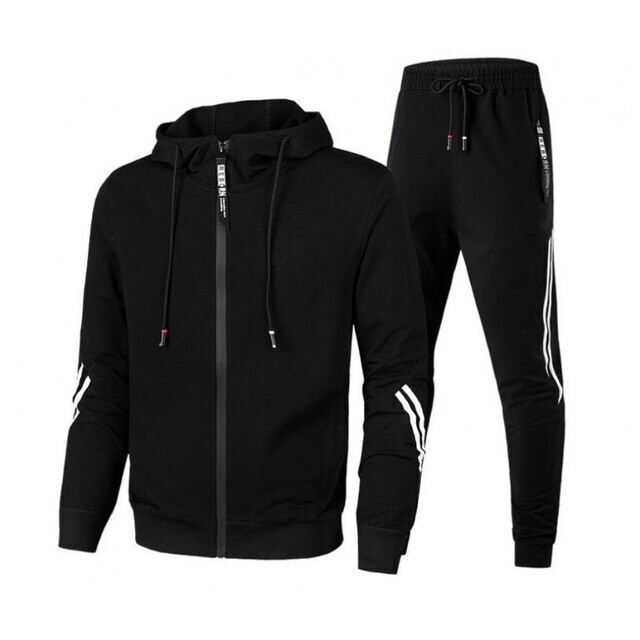 Men Hoodied Striped Tracksuit All Black