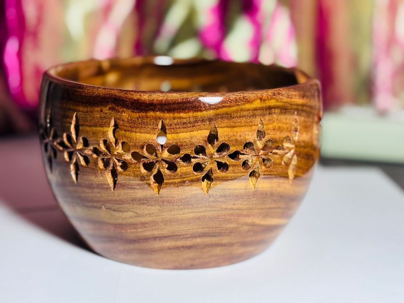 fretted teak yarn bowl