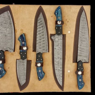 6 pcs, handmade, damascus knives set, wood handle, leather case, SCZ-975