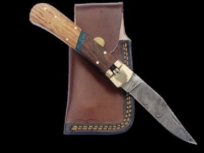 Handmade, damascus steel, knife, switchblade, leather holster