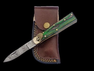 Handmade, knife, damascus steel, switchblade, leather holster, green wooden sheet