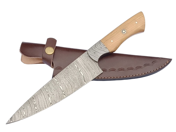 2 pcs, handmade, chef knife, damascus steel, olive wood handle, leather case SCZ-974