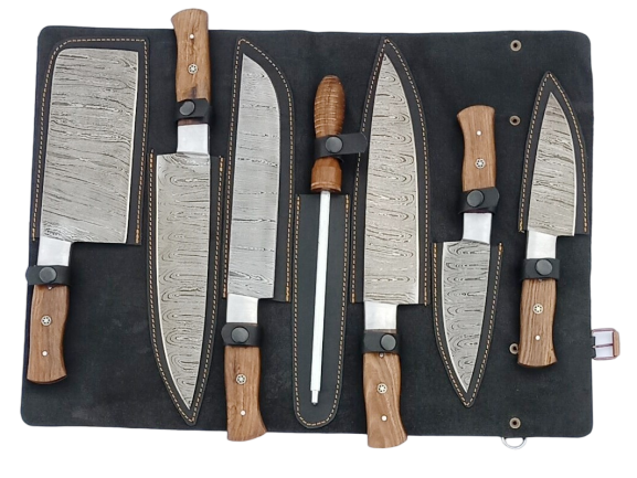 8 pcs, handmade, damascus chef set, rosewood handle, leather case SCZ-977-B