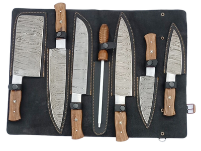 8 pcs, handmade, damascus chef set, rosewood handle, leather case SCZ-977-B