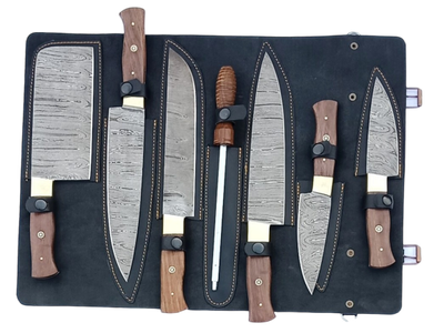 8 pcs, handmade, damascus chef set, rosewood handle, leather case SCZ-977-A