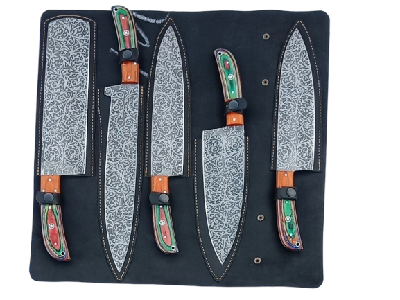 6 pcs, handmade, damascus chef knives set, multicolored wooden sheet handle, leather case SCZ-985