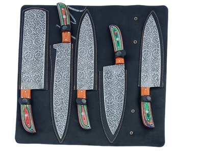6 pcs, handmade, damascus chef knives set, multicolored wooden sheet handle, leather case SCZ-985