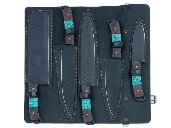 6 pcs, handmade, chef knives set, stainless steel, black wood &amp; epoxy resin handle, leather case SCZ-987