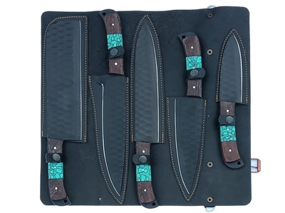 6 pcs, handmade, chef knives set, stainless steel, black wood &amp; epoxy resin handle, leather case SCZ-987