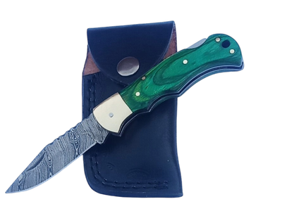 2 pcs, handmade, back lock folding knife, damascus steel, rosewood handle, leather case SCZ-952-C