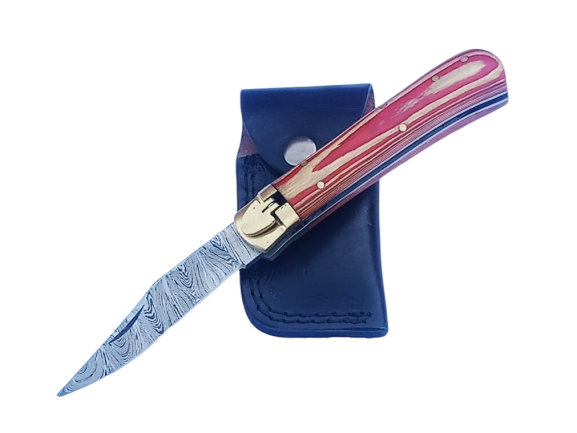 2 pcs, handmade, foldable knife, switchblade, damascus steel, leather case, SCZ-937-D