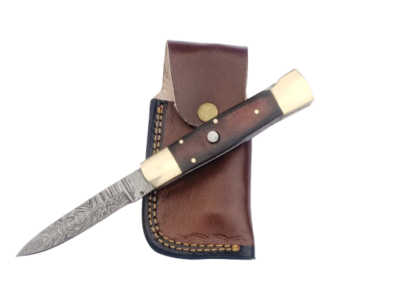 2 pcs, handmade, foldable, knife, switchblade, damascus steel, leather case, SCZ-937-C