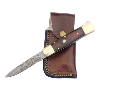2 pcs, handmade, foldable, knife, switchblade, damascus steel, leather case, SCZ-937-C
