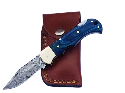 2 pcs, handmade, folding knife, damascus steel, rosewood handle, leather case, SCZ-952-G