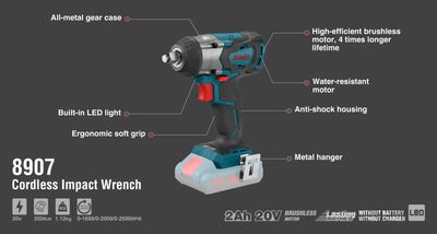 20V, 350N.M, cordless, impact wrench, brushless series, no battery, RONIX 8907