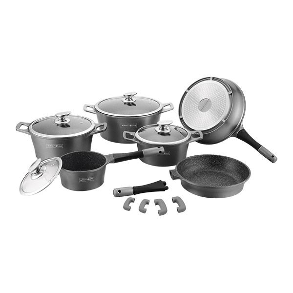 14 pcs, cookware set, silver, removeable handle, marble coated, glass lids, RoyaltyLine RL-ES1014M