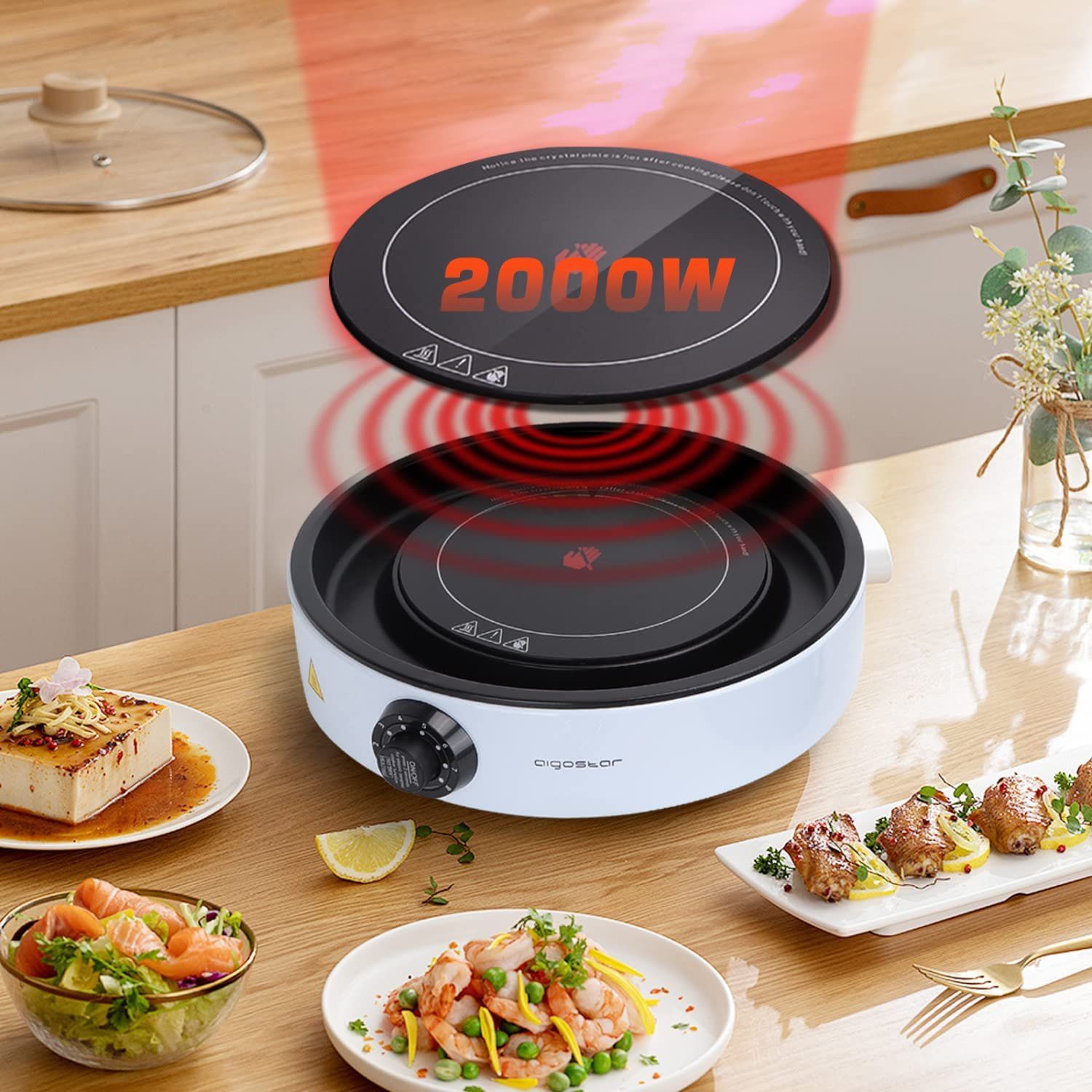 2000W, induction plate, glass ceramic cooking plate, electric grill, 2 in 1, Aigostar Foodie