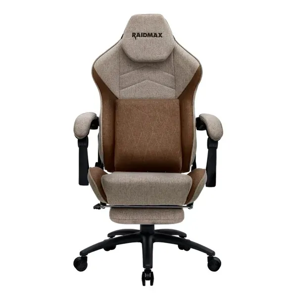 Gaming Chair, Fabric, Up to 150kg, Linkage Armrests, Footrest, 180deg Tilting, Head &amp; Lumbar support, Rocking function, Brown