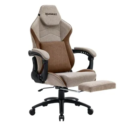 Gaming Chair, Fabric, Up to 150kg, Linkage Armrests, Footrest, 180deg Tilting, Head &amp; Lumbar support, Rocking function, Brown