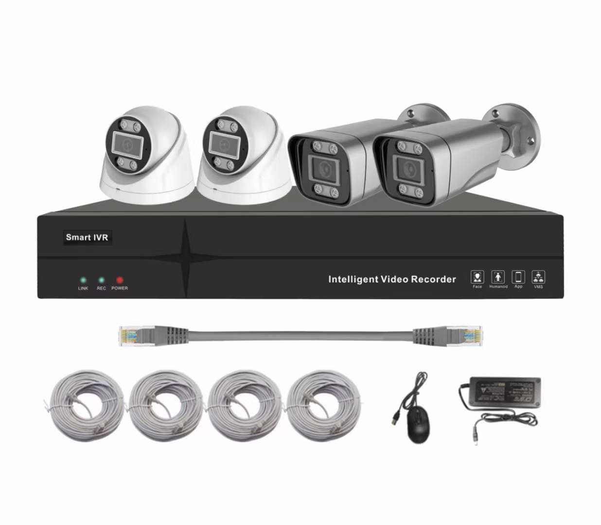 4 cameras, 5MP, IVR, DVR 500GB hard disk, 25MT cable, CAT6
