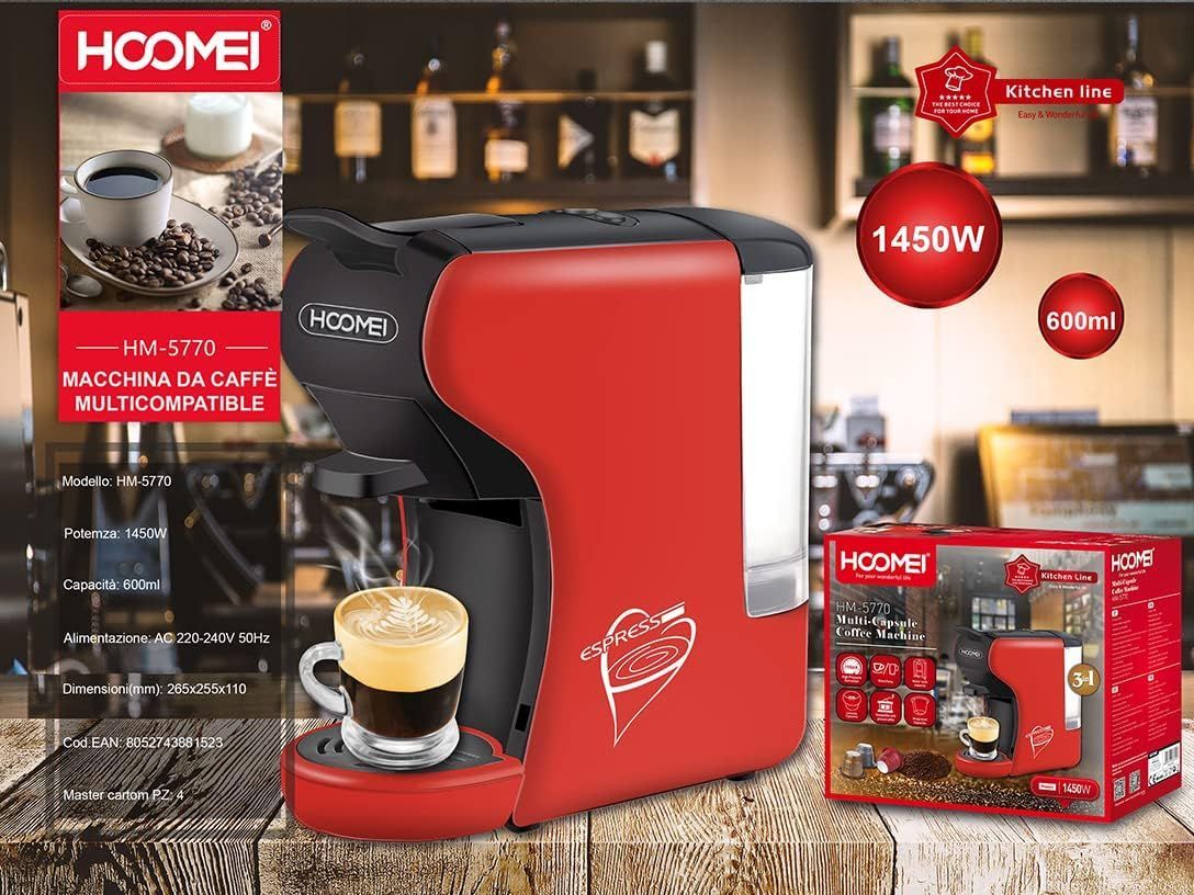 1400W, multi-compatible, coffee machine, capsules, coffee powder, Hoomei