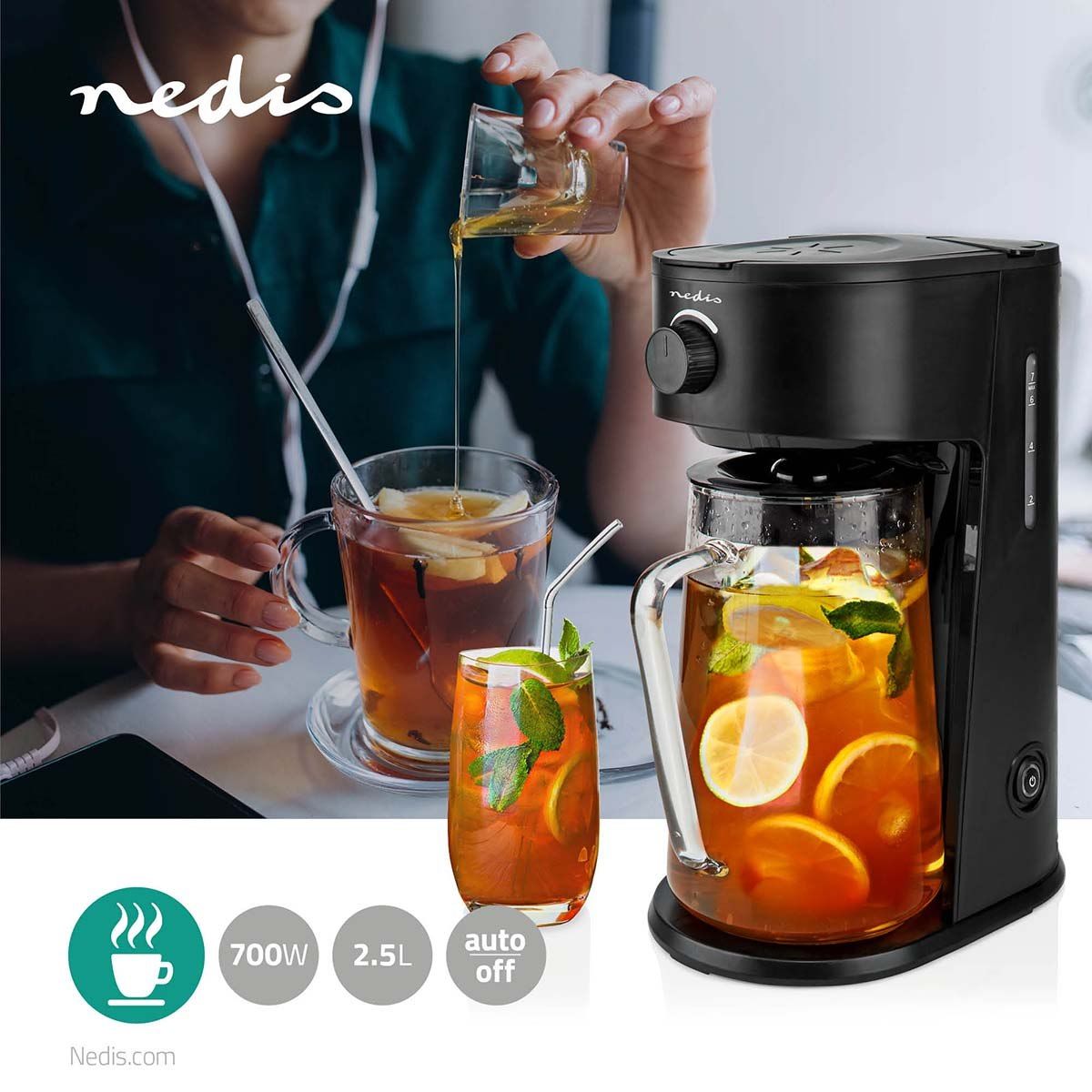 2.5LT, ice coffee maker, ice tea maker, 6 cups, filter coffee, black, Nedis