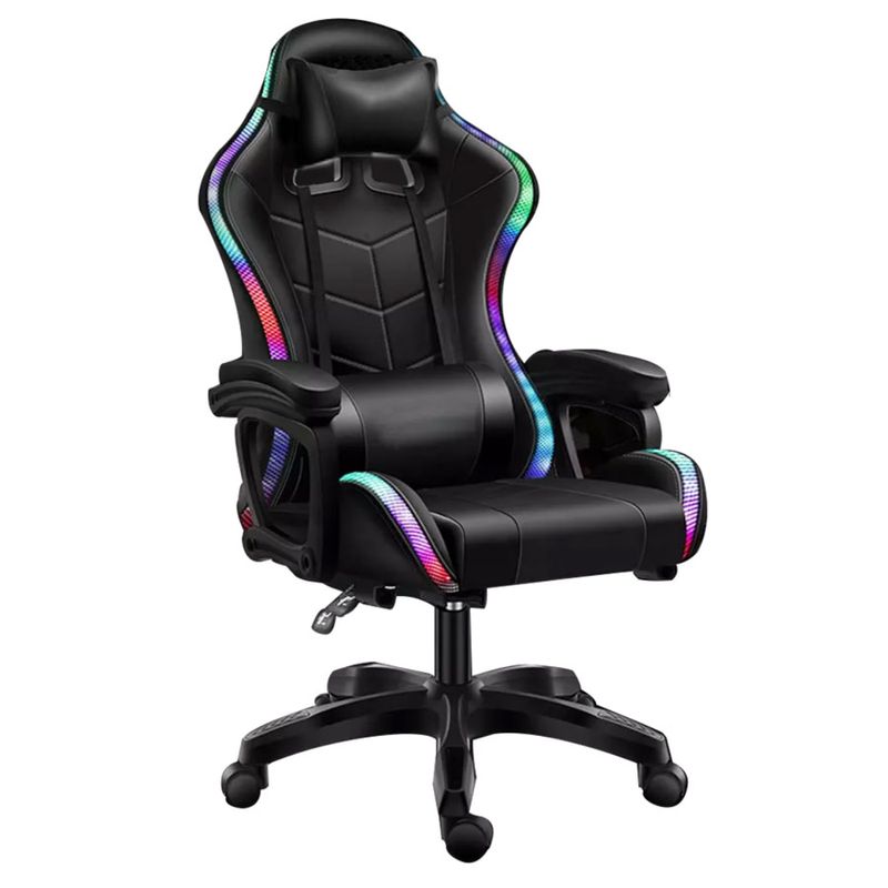 CIS 2024-1RGB-BK Gaming Chair, PU Leather, Up to 100kg, Sliderail Armrests, RGB LED Lighting, 135deg Tilting, Head &amp; Lumbar support, w/remote control, Black/Red