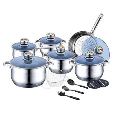 18 pcs, cookware set, silver, thermo knob, blue glass lids, cookware set, ROYALTYLINE 1801B-SV