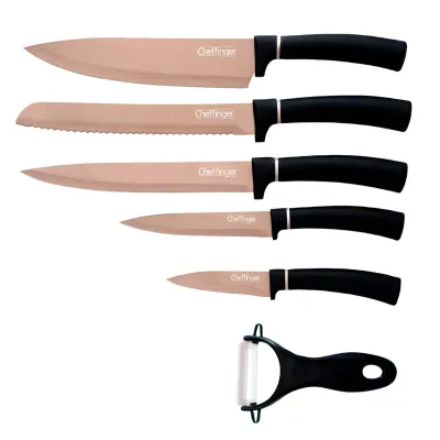 Cheffinger CF-MB12: 6 Pieces Marble Coated Knife Set - Titanium Gold Collection + Black