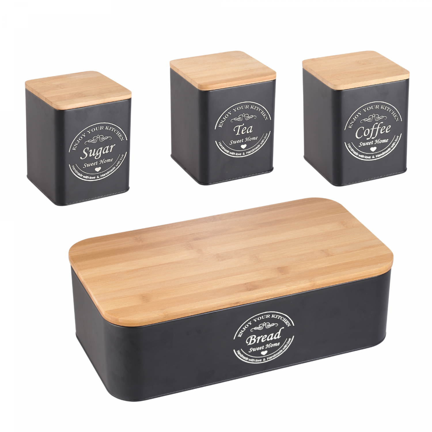 Herzberg HG-04401: 4 Pieces Bread Box Set with Cannisters - Matte Black