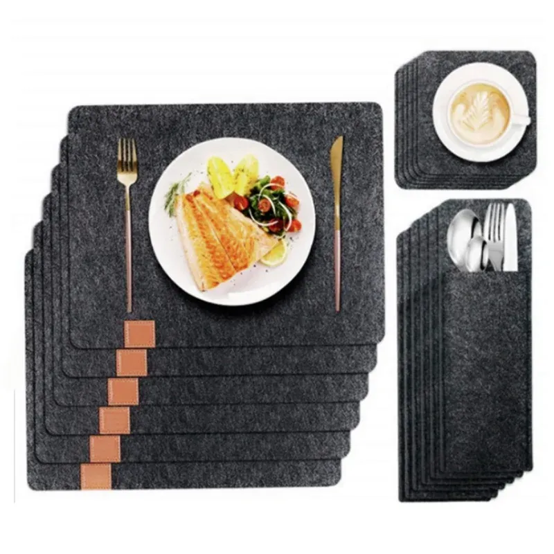 Herzberg HG-04203: 18 Pieces Natural Felt Dining Table Placemat, Cutlery Bag &amp; Coaster Set