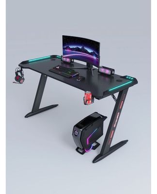 120x60x74, gaming desk, RGB LED lighting, Cup-Holder, headset hook, steel table frame, carbon fiber, D-2112