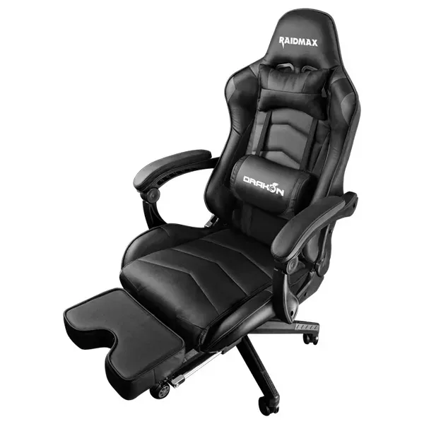 Gaming Chair, PU Leather, Up to 150kg, Footrest, 150deg Tilting, Head &amp; Lumbar support, Black