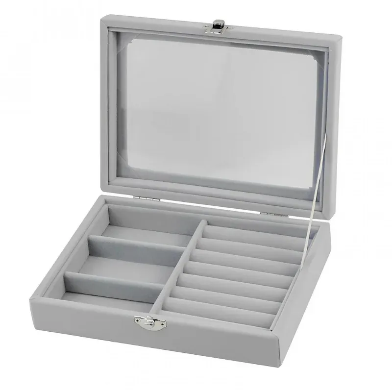 Herzberg HG-05330: Velvet Jewelry Organizer with Glass Lid, 3 Grids + 7 Ring Slots