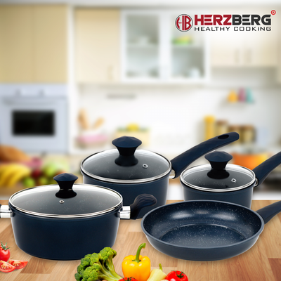 7PCS, marble coated, cast iron, cookware set, Herzberg HG-04685blu