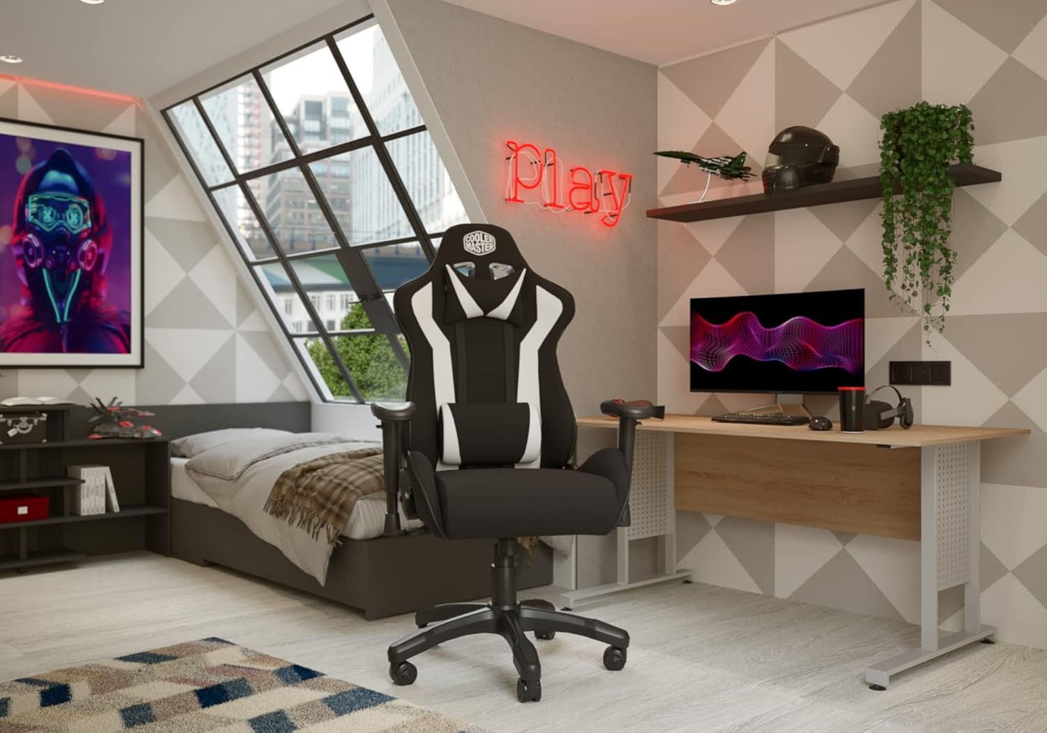 Gaming chair, fabric, black-white, Coolermaster Caliber R1