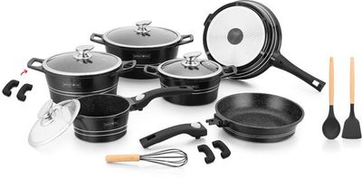 14 pcs, cookware set, black, removeable handle, marble coated, glass lids, ROYALTYLINE ES2014M-BK