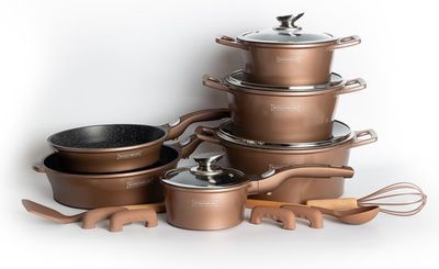14 pcs, cookware set, brown copper, click handle, marble coated, glass lids, ROYALTYLINE ES2014M-BN