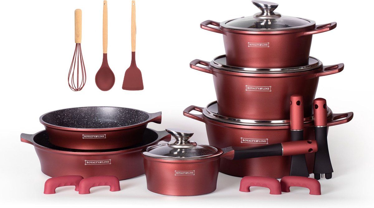 Royalty Line ES1014 17-Piece Burgundy Marble Cookware Set - Die-Cast Aluminum Non-Stick Induction Oven Safe