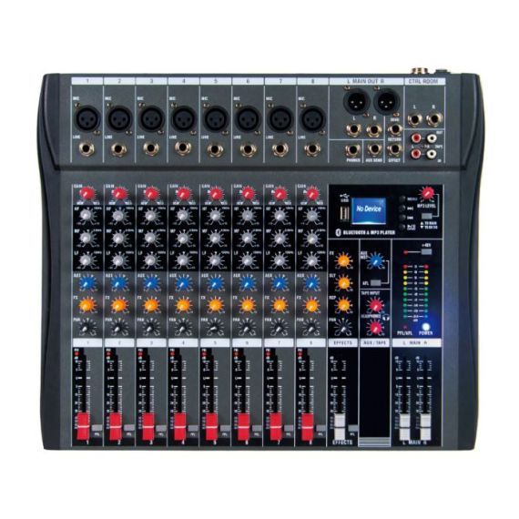Professional 8-channel mixer with DSP effects and Bluetooth/USB