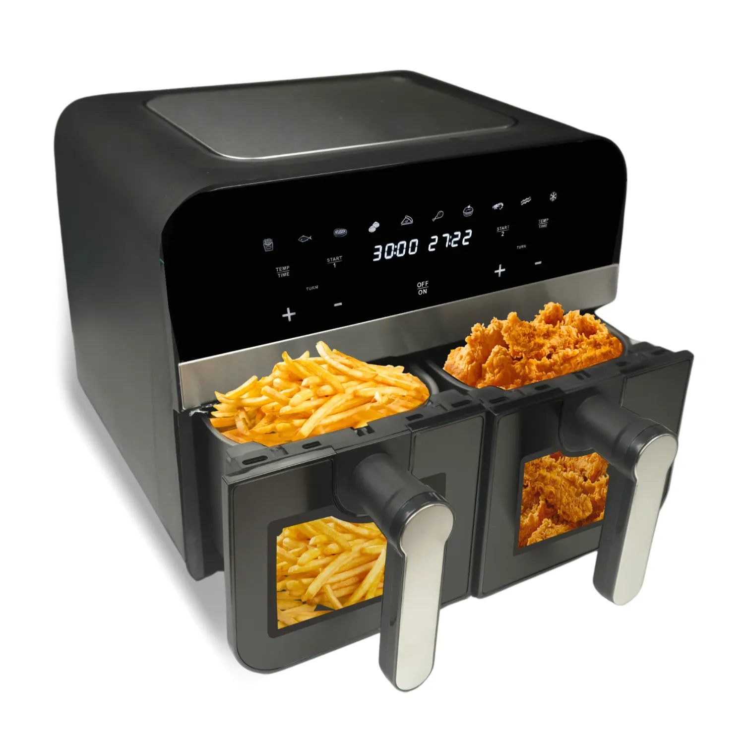 Comfy Nest CN-AFD45WB: 2400W Black Double Basket Digital Air Fryer w/ Window - 9L
