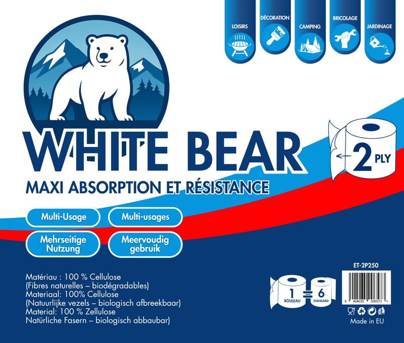 WhiteBear ET-2P250: Pack of 6 Unscented 2-Ply Biodegradable Multi-Purpose Cellulose Paper Towel Roll