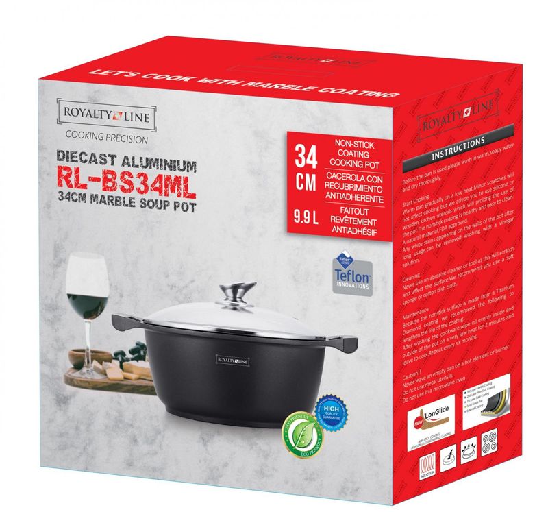 Royalty Line RL-BS34M: Marble Coated Cooking Pot &amp; Casserole - 34cm Black