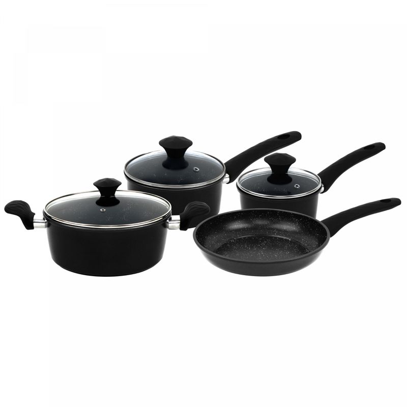 Herzberg HG-04654BLK: 7 Pieces Marble Coated Cast Iron Cookware Set - Black