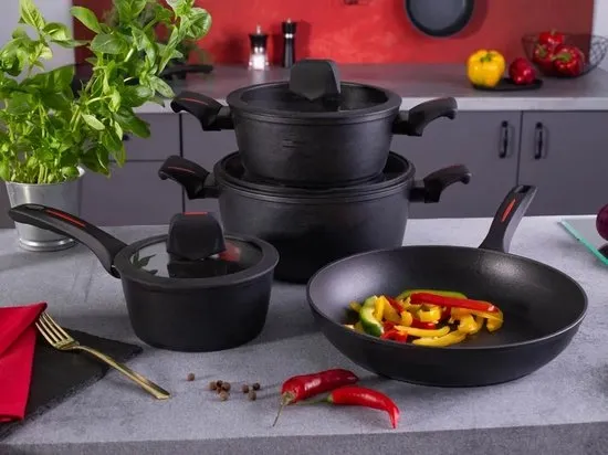 Royalty Line T010 10pcs Cookware Set – Black, Cast Aluminium, Marble Coated, Induction Ready