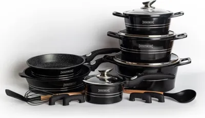 Royalty Line 14-Piece Black Cookware Set, Marble Nonstick, Detachable Handles