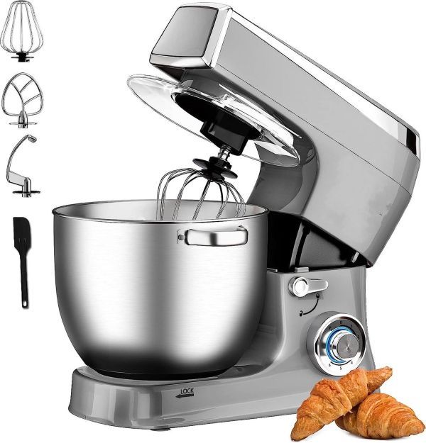 Royalty Line 2100W Stand Mixer, 7.5L Bowl, 6 Speeds + Pulse, Silver