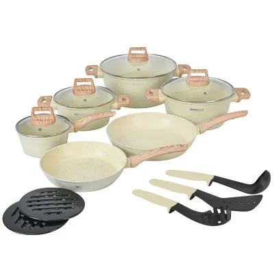 Herzberg HG-WDBEJ15: 15 Pieces Granite Coated with Wood Accent Handle - Biege