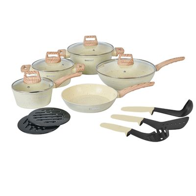 Herzberg HG-WDBEJ14: 14 Pieces Granite Coated with Wood Accent Handle - Biege
